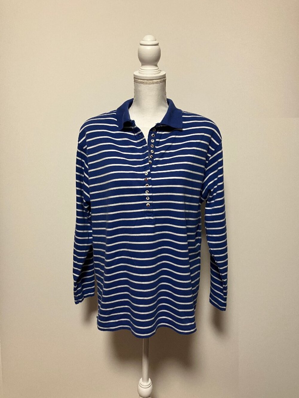 Vintage French Navy Stripe Breton Shirt, Size Large, Blue & White, Buttons